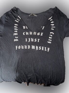 Black V-Neck Graphic Tee with Gothic Script